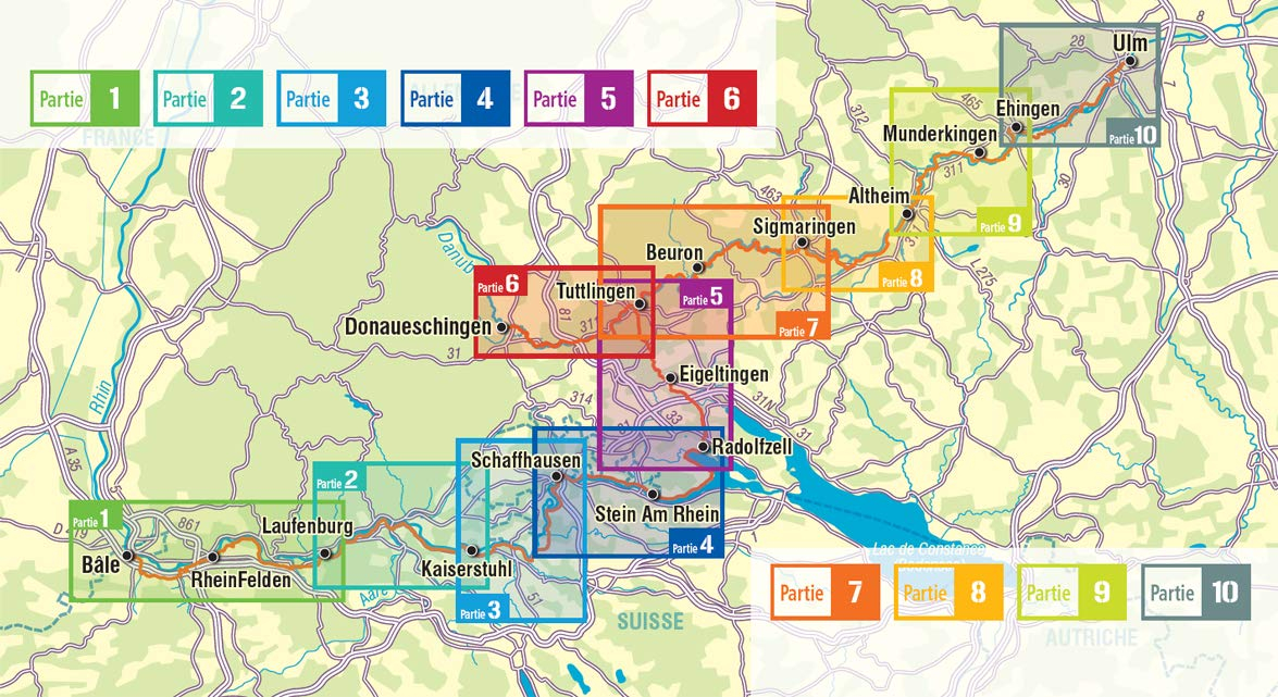Bâle-Ulm : les rives du Rhin et du Danube à vélo, de Bâle à Ulm : 407 km, 1:70.000