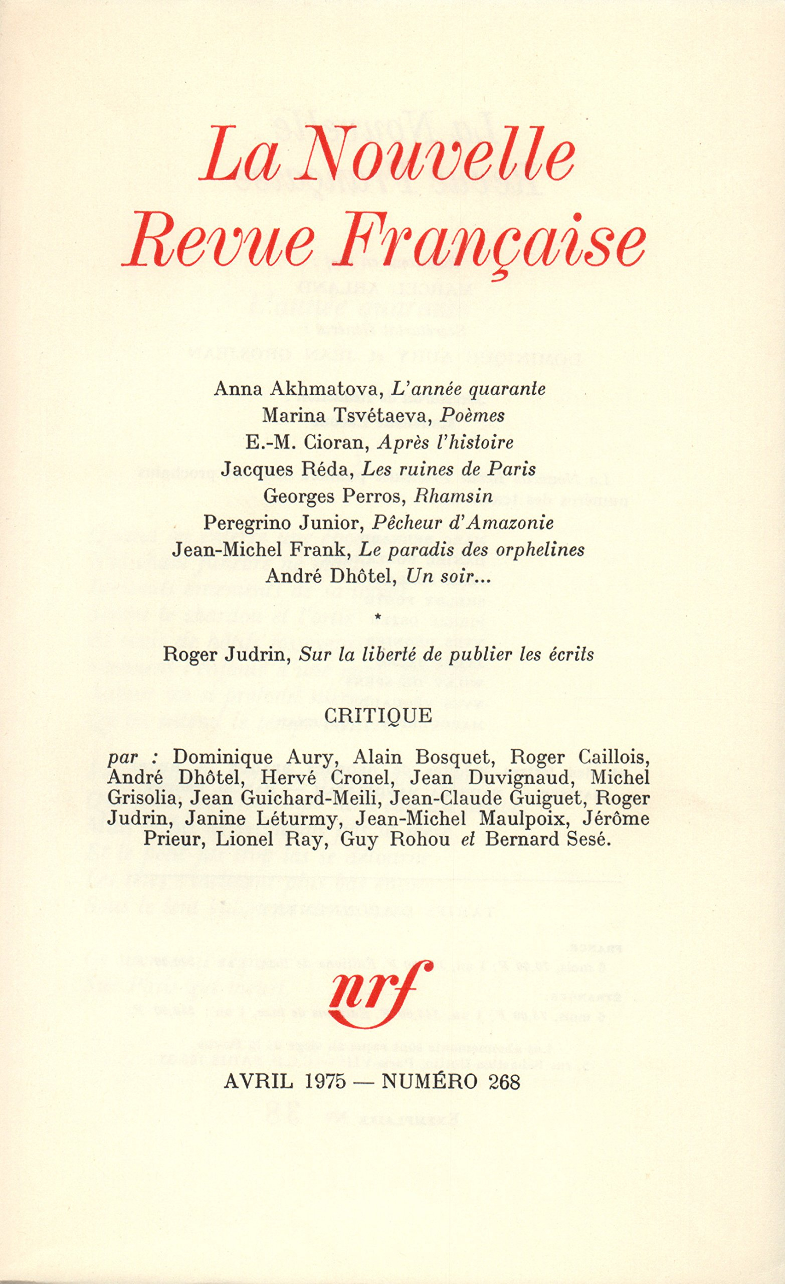 Nouvelle revue française, n° 268