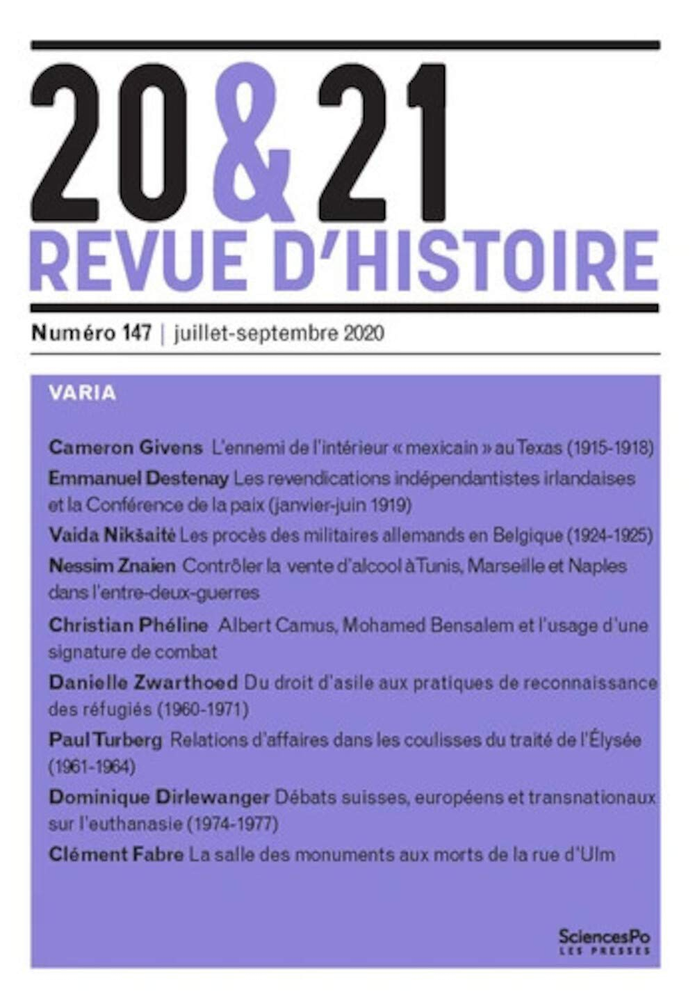 20 & 21 : revue d'histoire, n° 147. Varia