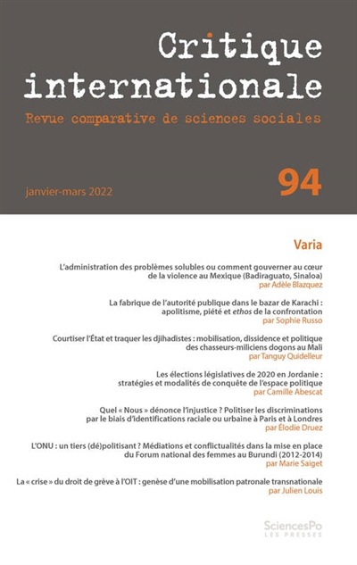 Critique internationale, n° 94. Varia