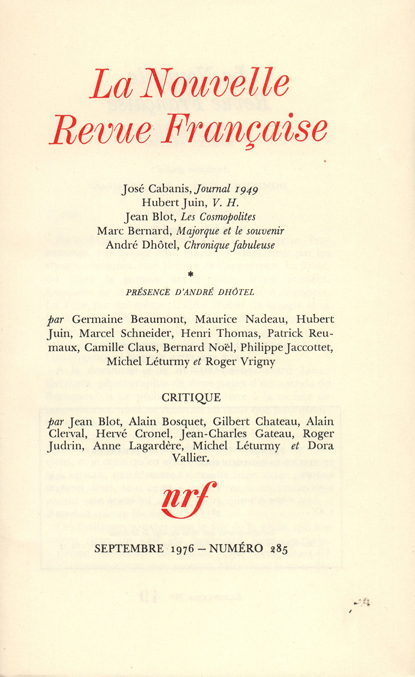 La N.R.F., numéro 285, septembre 1976